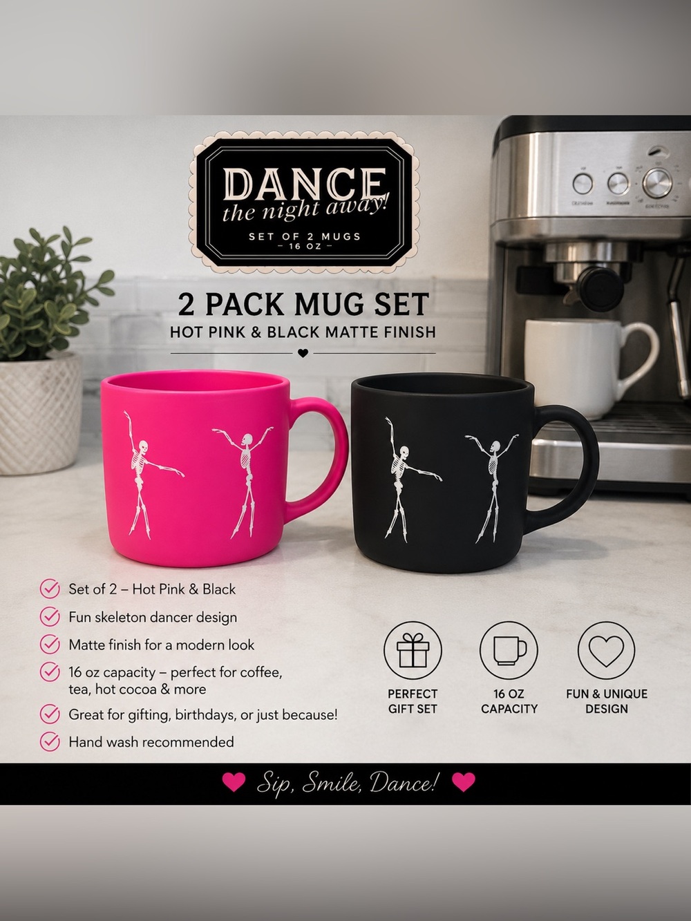 Dance the Night Away Hot Pink & Black Skeleton Dancer Mug Set